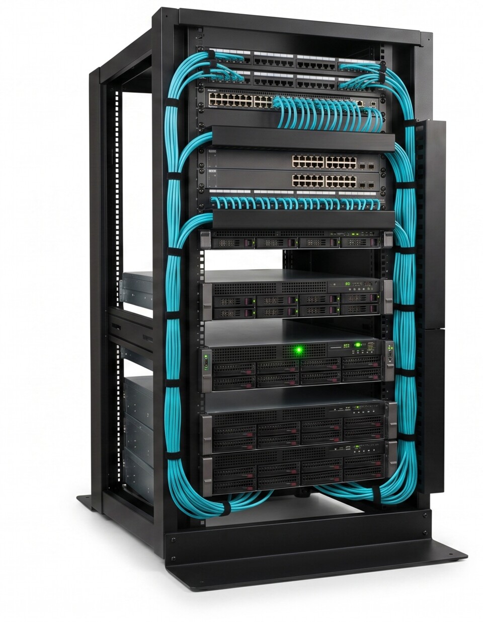 Serverový rack se sítí úhledně organizovaných kabelů